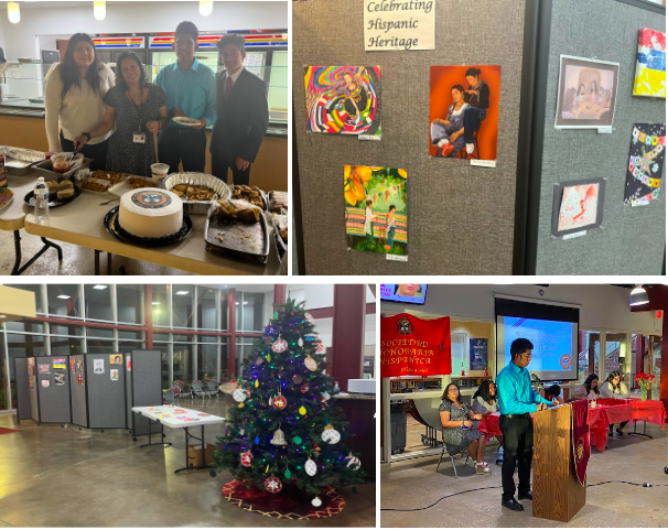 Hispanic Heritage art exhibit, the Giving Tree, SHH board members welcoming the audience and posing with the food from the potluck