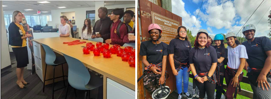 (left) Fifth Third Regional Marketing Manager speaking with Brooks Bunch students about the marketing decisions behind their partnership with the Tampa Bay Buccaneers; (right) BDCHS Teens in Action Members smile with their helmets and harnesses, about to go ziplining at Camp Cristina.